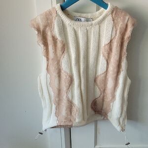 Zara Cream and Pink Lace Knit Top